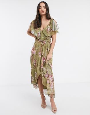 asos design maxi dress with cape back and dipped hem in light floral print