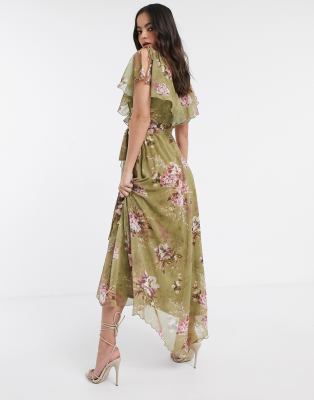 asos design maxi dress with cape back and dipped hem in light floral print