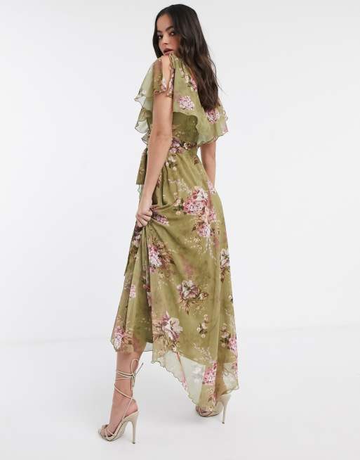 ASOS DESIGN split sleeve cape back dipped hem maxi dress with tie shoulder in vintage bouquet floral