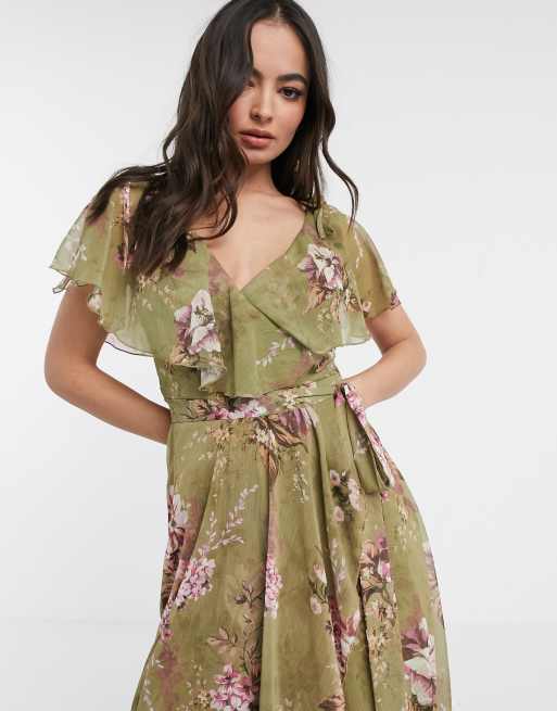 Asos design maxi dress with cape back and dipped outlet hem in light floral print