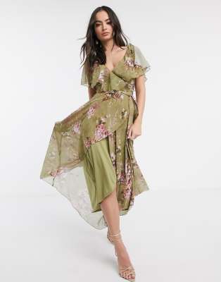 asos design maxi dress with cape back and dipped hem in light floral print