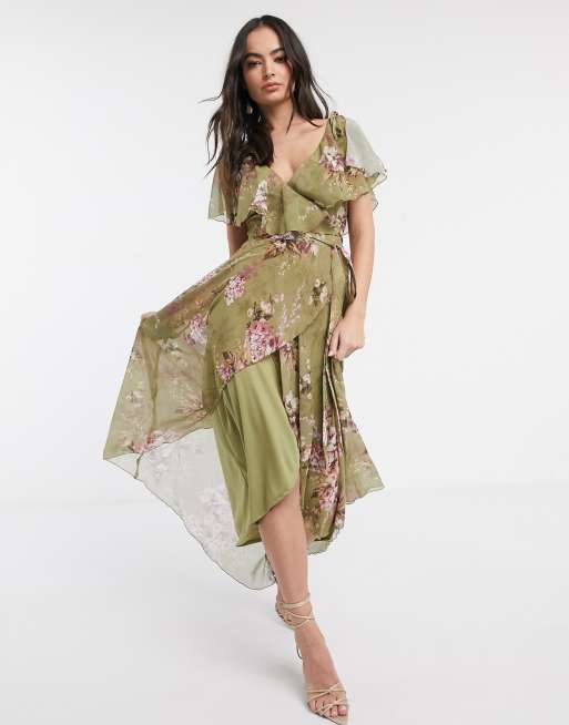 ASOS DESIGN split sleeve cape back dipped hem maxi dress with tie shoulder in vintage bouquet floral