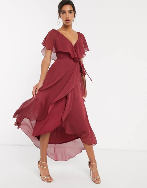 ASOS DESIGN split sleeve cape back dipped hem maxi dress with tie shoulder