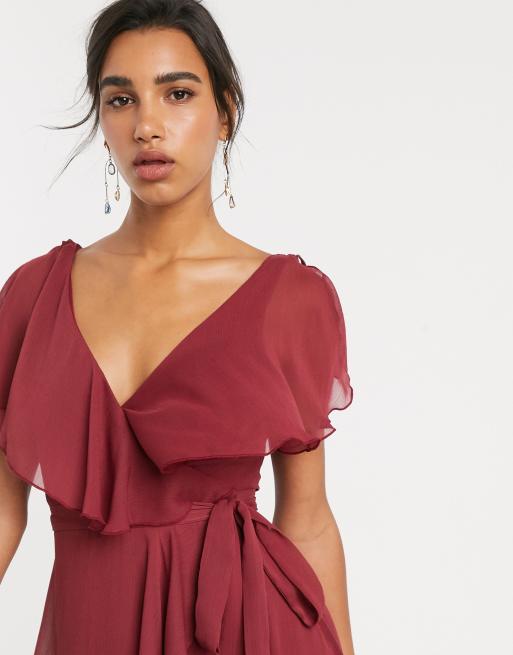 ASOS DESIGN split sleeve cape back dipped hem maxi dress with tie shoulder