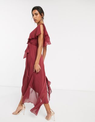 asos design dipped hem maxi dress with 3d embellishment and ruffle sleeve