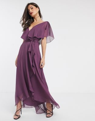 asos design dipped hem maxi dress with 3d embellishment and ruffle sleeve