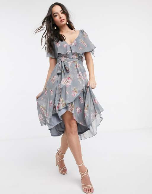 ASOS DESIGN split sleeve cape back dipped hem midi dress with tie shoulder  in floral print