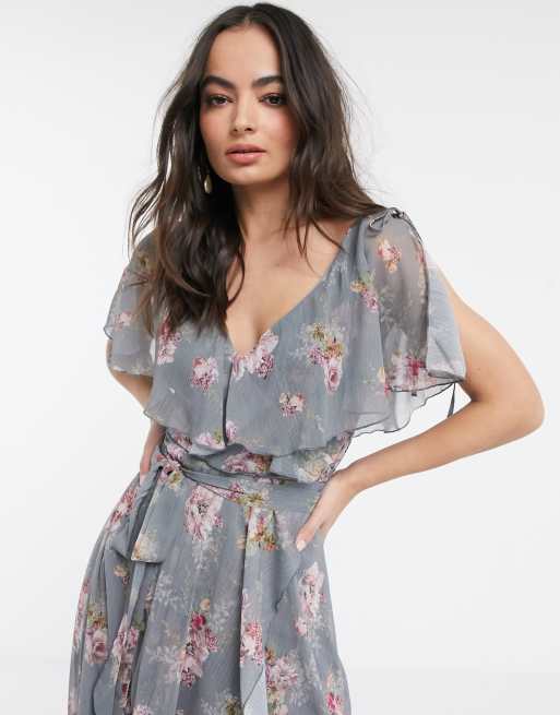 ASOS DESIGN split sleeve cape back dipped hem midi dress with tie shoulder  in floral print