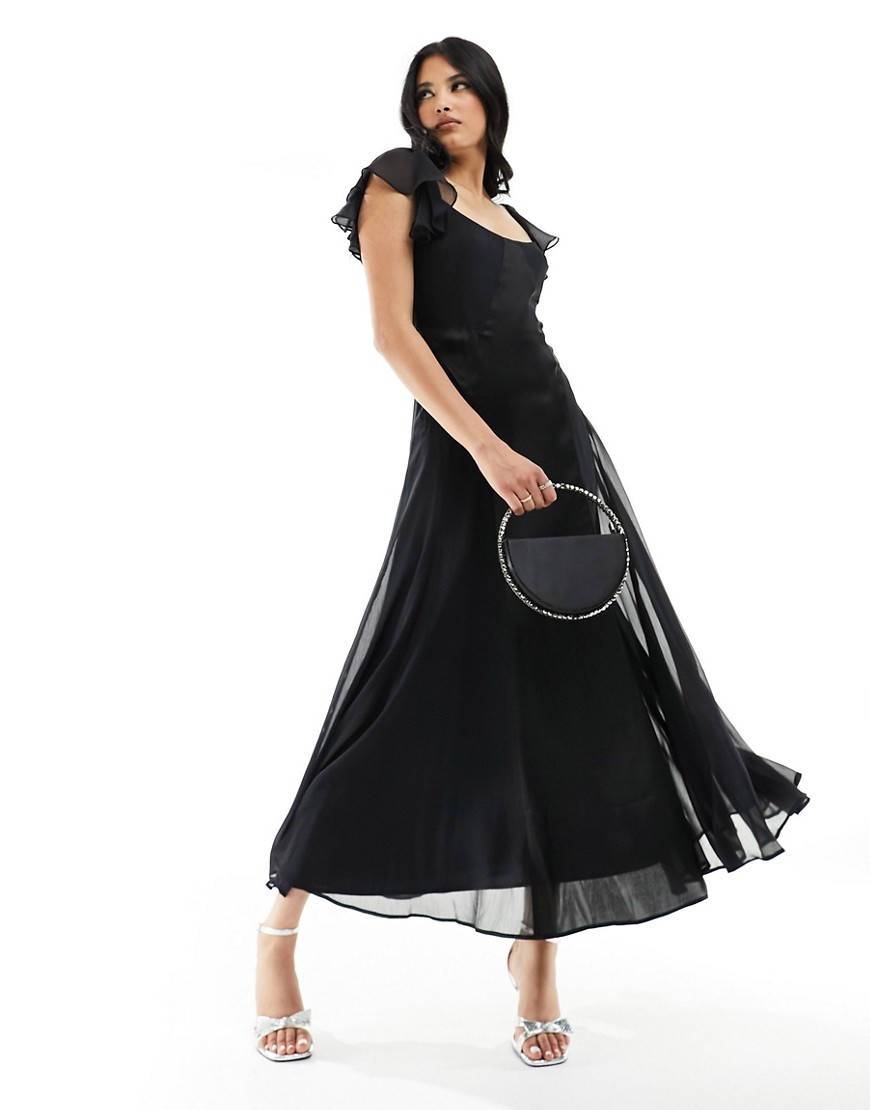 Asos Design Split Sleeve Chiffon Insert Satin Paneled Midi Dress In Black-multi