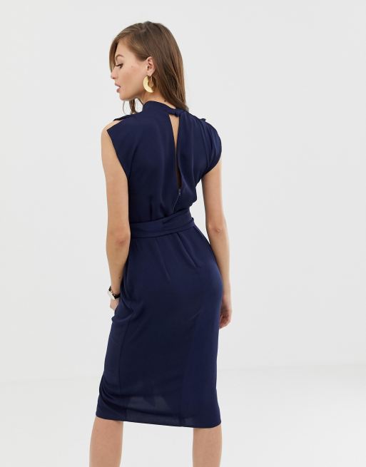 ASOS DESIGN split sleeve midi dress with obi belt in navy