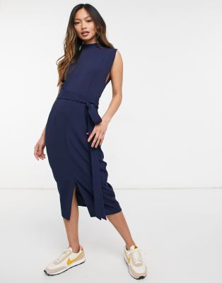 ASOS DESIGN SPLIT SLEEVE MIDI DRESS WITH OBI BELT IN NAVY,22459