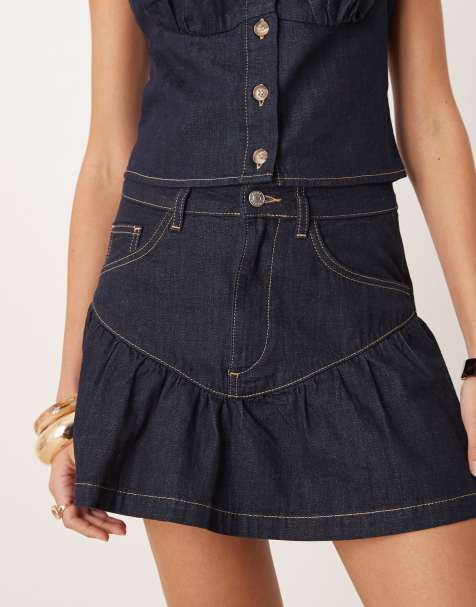 ASOS DESIGN denim mini skirt with drop waist panel co-ord