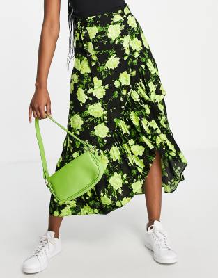 ASOS DESIGN – Spódnica kopertowa midi z falbanką we wzór w neonowe kwiaty 