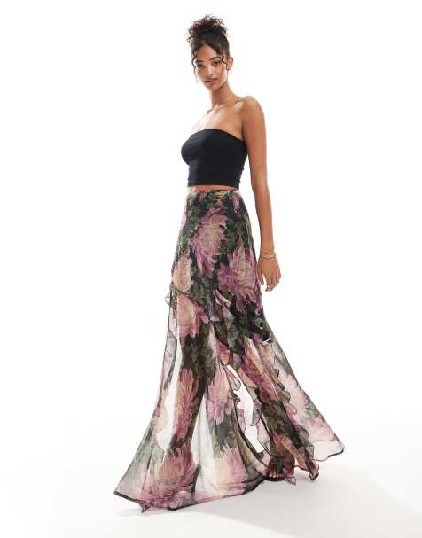 ASOS DESIGN – Spódnica maxi z falbankami i rozcięciem w kwiatowy wzór - view 1