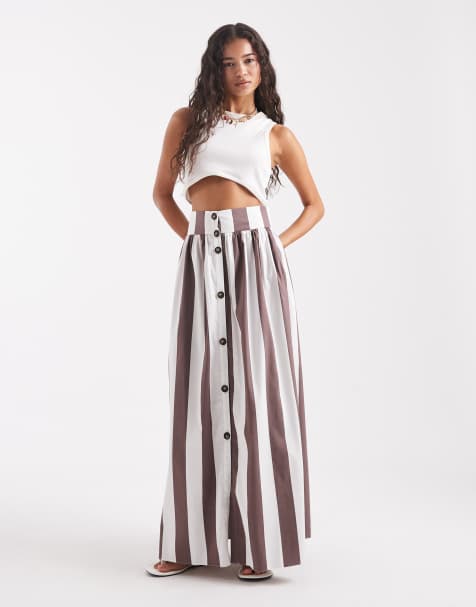 ASOS DESIGN maxi skirt with button front detail in brown stripe