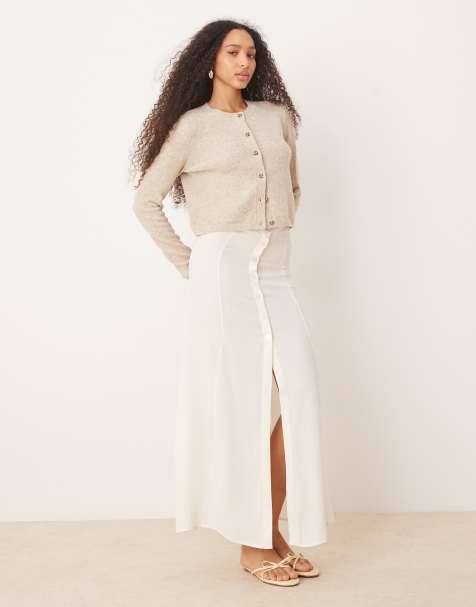 ASOS DESIGN linen blend button through maxi skirt in ivory
