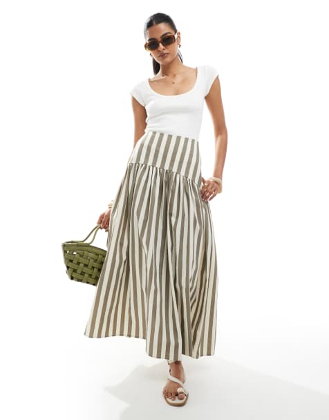 ASOS DESIGN – Spódnica maxi z obniżonym stanem o lnianym wyglądzie w paski w naturalnym kolorze - view 1