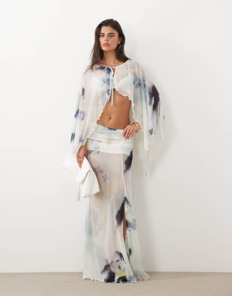 ASOS DESIGN spódnica maxi z siateczki we wzór, część zestawu, z rozcięciem, niebieski kwiatowy wzór - view 1