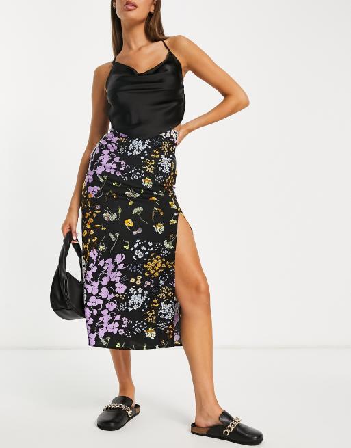 ASOS DESIGN – Spódnica midi z rozcięciem na udzie w ciemny kwiatowy wzór