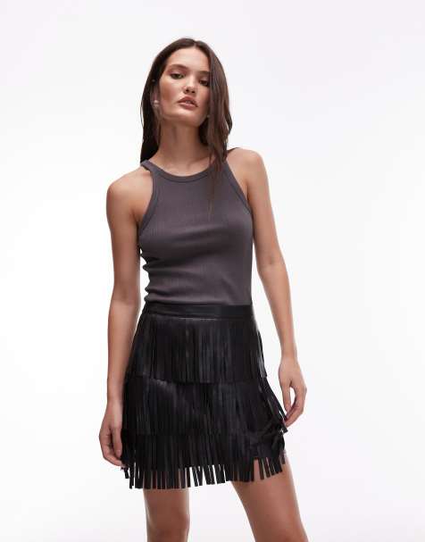 ASOS DESIGN faux leather fringe mini skirt