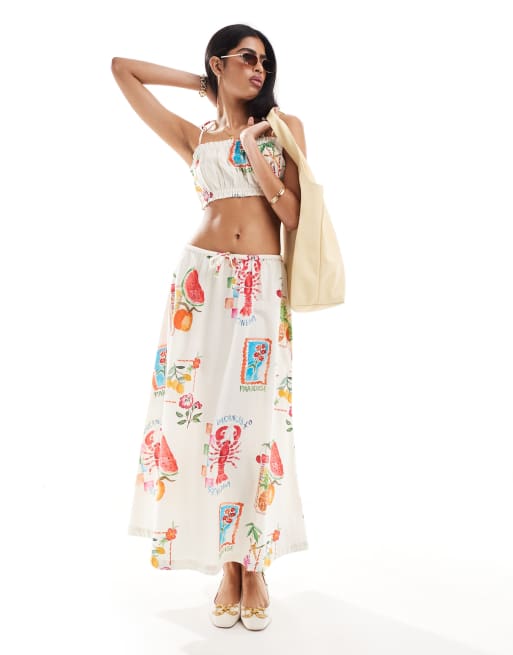 ASOS DESIGN – Spódnica oversize z materiału z dodatkiem lnu we wzór w pocztówki, część zestawu