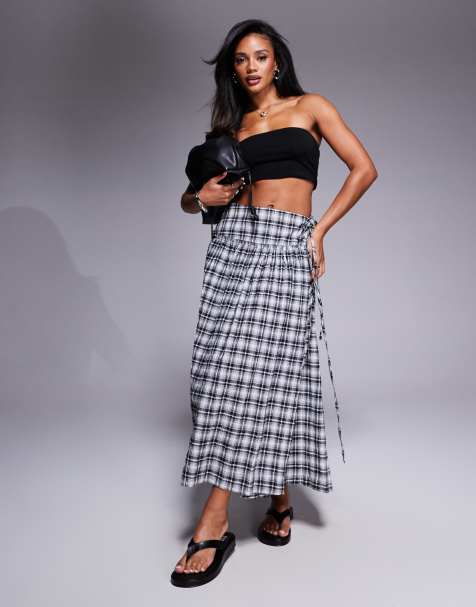 ASOS DESIGN dropped waist kilt mid skirt in check