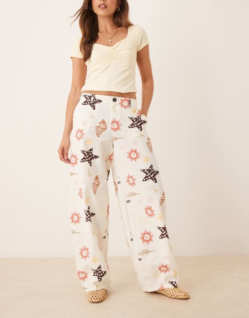ASOS DESIGN – Spodnie barrel z mieszanki lnianej w wakacyjny wzór, część zestawu