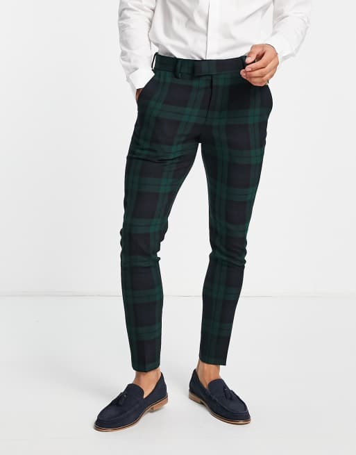 ASOS DESIGN – Spodnie garniturowe o bardzo obcisłym kroju w ciemnozieloną kratę