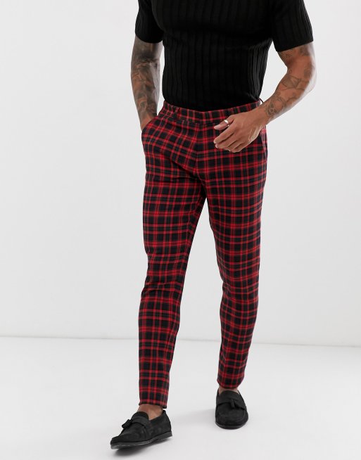 ASOS DESIGN – Spodnie garniturowe o bardzo obcisłym kroju w czerwoną szkocką kratę