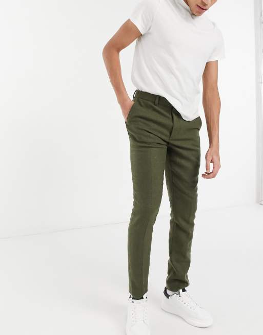ASOS DESIGN – Spodnie garniturowe o obcisłym kroju z diagonalu z dodatkiem wełny w kolorze khaki