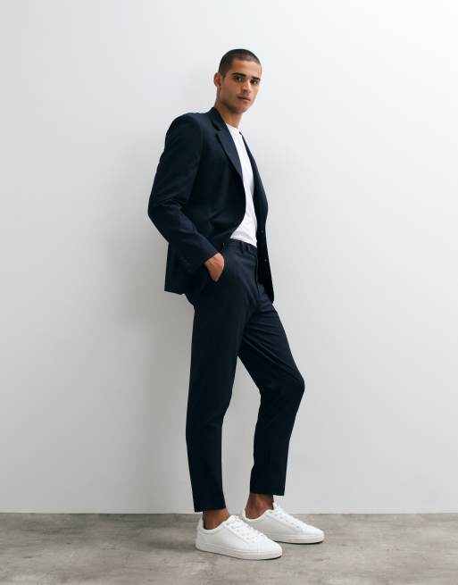 ASOS DESIGN – Granatowy garnitur w prążki o dopasowanym kroju, 2 z 3
