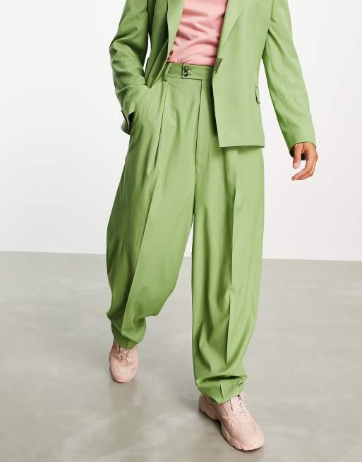 ASOS DESIGN – Spodnie garniturowe z diagonalu w kolorze khaki z wysokim stanem i balonowymi nogawkami
