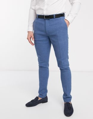 ASOS DESIGN – Spodnie garniturowe z kolekcji ślubnej o bardzo obcisłym kroju z domieszką wełny w kolorze chabrowym i ze wzorem w jodełkę 