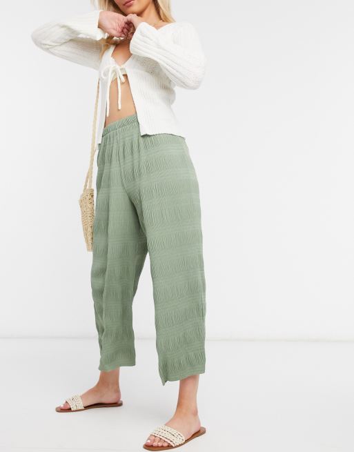 ASOS DESIGN – Spodnie kuloty z plisowanego materiału z fakturą w jasnym kolorze khaki
