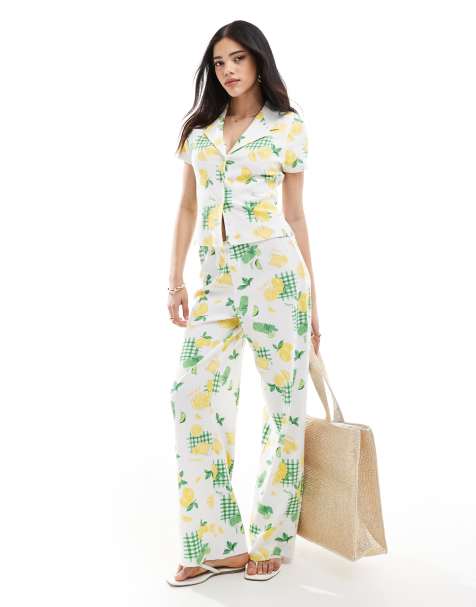ASOS DESIGN wide leg boxer waffle trouser co-ord in lemon drink print