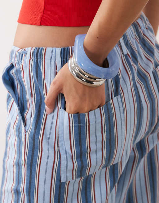 ASOS DESIGN spodnie wsuwane o wyglądzie lnu w niebieskie paski, 4 z 5