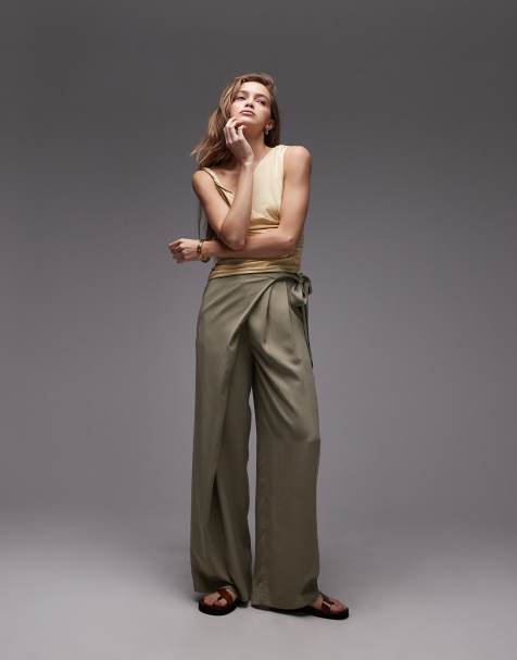ASOS DESIGN lyocell wrap front trouser in khaki 
