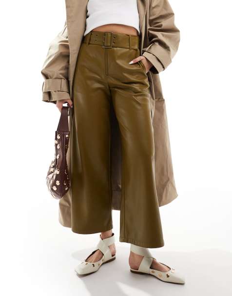 ASOS DESIGN – Spodnie z paskiem z imitacji skóry w kolorze khaki - view 1