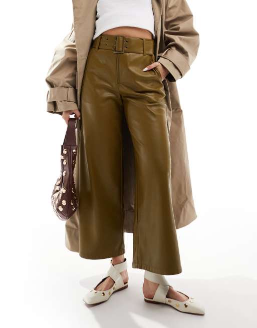 ASOS DESIGN – Spodnie z paskiem z imitacji skóry w kolorze khaki