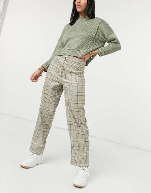 ASOS DESIGN – Spodnie z prostymi nogawkami i wzorem w brązową kratę zapinane z przodu na zamek