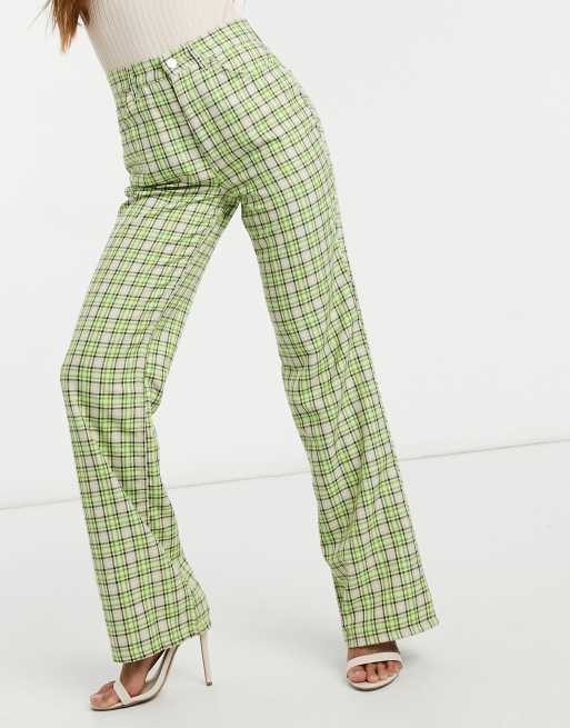 ASOS DESIGN – Spodnie z rozszerzanymi nogawkami i wysokim stanem w limonkową kratę