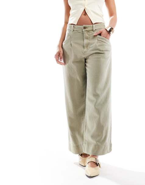 ASOS DESIGN laundered cropped wide leg trousers in washed khaki