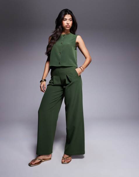 ASOS DESIGN pleat front wide leg co-ord trouser in khaki