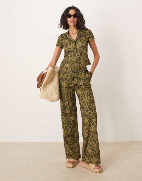ASOS DESIGN wide leg trouser with floral print co-ord in khaki