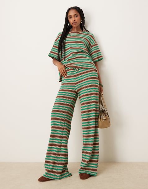 ASOS DESIGN – Spodnie z szerokimi nogawkami w zielono-brązowe paski, część zestawu - view 1