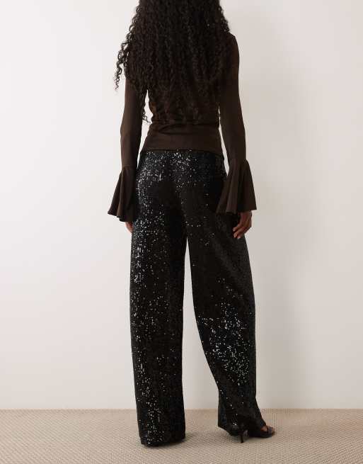 ASOS DESIGN spodnie z szerokimi nogawkami z cekinami w kolorze czarnym, 5 z 5