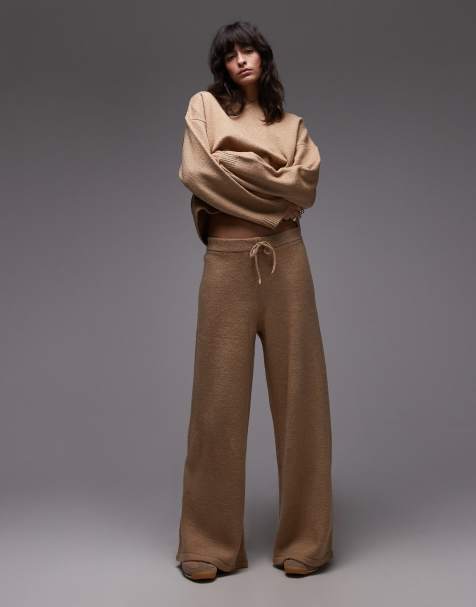 ASOS DESIGN fluffy knitted wide leg trousers co-ord in mocha