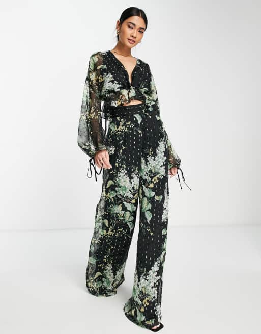 ASOS DESIGN – Spodnie z szerokimi nogawkami z teksturowanego szyfonu ze wzorem – część zestawu