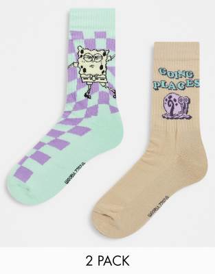 Asos Design Spongebob 2 Pack Sports Sock With Check Print-multi