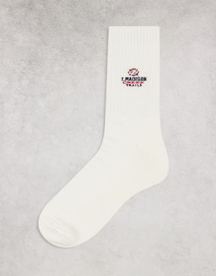 sport sock with badge artwork in cream-White